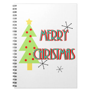 merry christmas mid century modern tree red blue spiral notebook