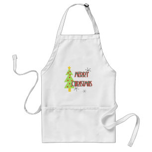 merry christmas mid century modern tree red blue standard apron