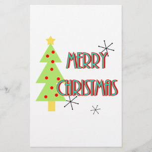 merry christmas mid century modern tree red blue stationery