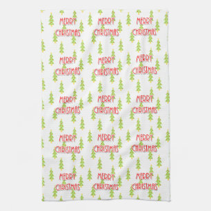 merry christmas mid century modern trees tea towel
