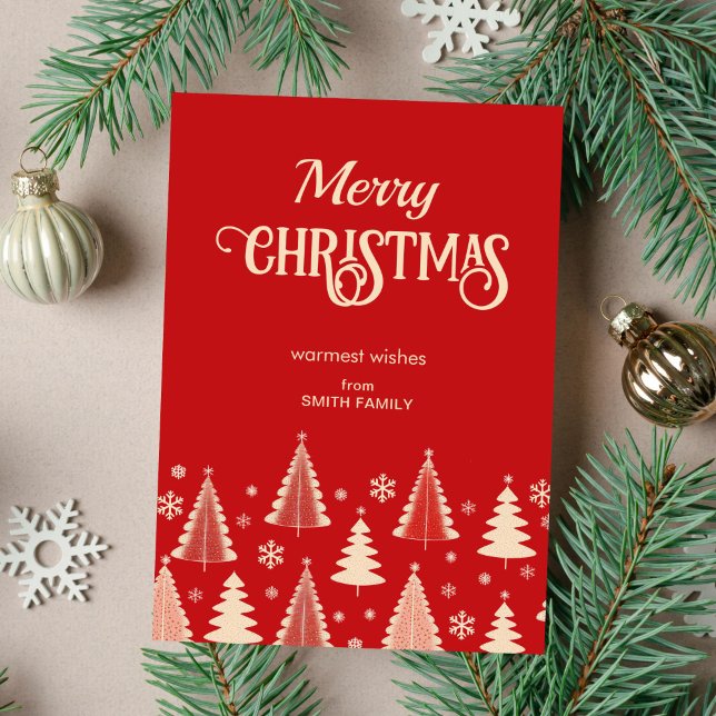 Merry Christmas midcentury red beige trees Holiday Card (Merry Christmas red and beige midcentury retro style greeting card editable template download)