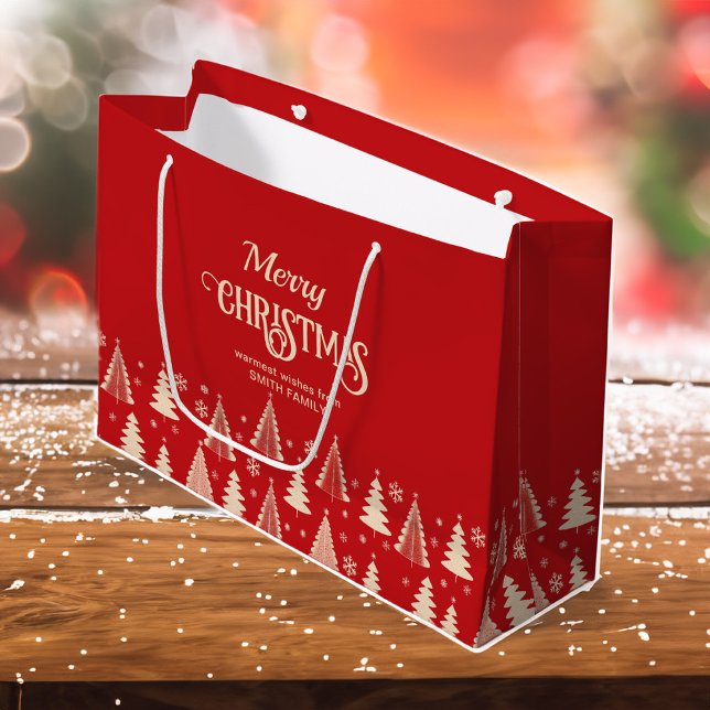 Merry Christmas midcentury red beige trees Large Gift Bag (Merry Christmas midcentury modern retro red beige gold trees personalized template Large Gift Bag)