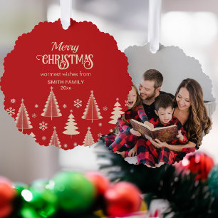 Merry Christmas midcentury red beige trees photo Tree Decoration Card