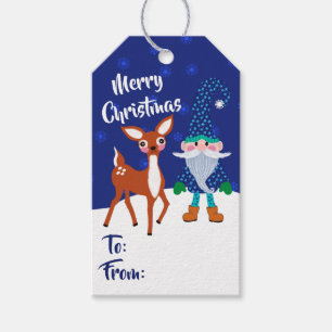 Merry Christmas Midnight Blue Gnome Cute Deer Gift Tags