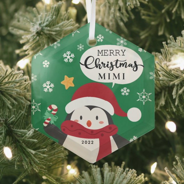 Merry Christmas Mimi Penguin Glass Tree Decoration (Insitu)