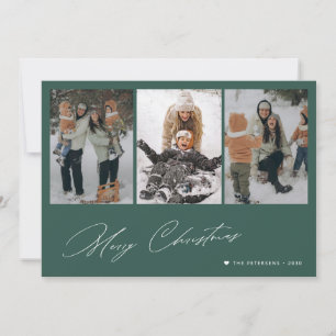 Merry Christmas minimal script 3 photo green Holiday Card