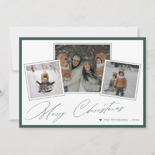 Merry Christmas minimal script photo collage green Holiday Card