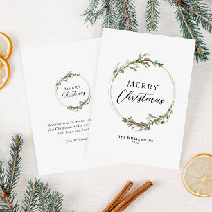 Merry Christmas Minimal Watercolor Wreath Holiday Card