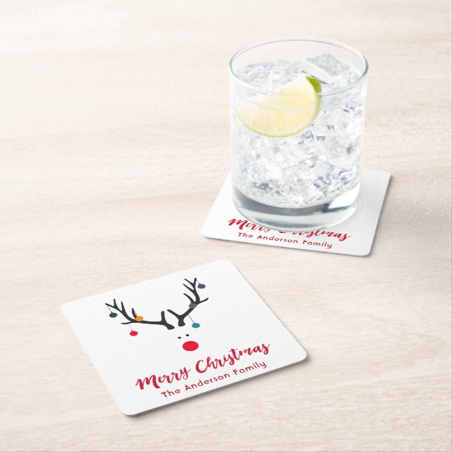 Merry Christmas minimalist and cute reindeer white Square Paper Coaster (Insitu)