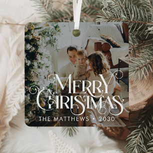 Merry Christmas Minimalist Fun Typography Photo Metal Tree Decoration
