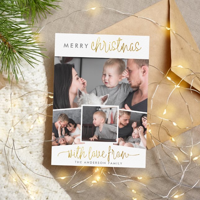 Merry Christmas | Minimalist Gold 4 Photo Collage Holiday Card (Merry Christmas 4 Photo Christmas Holiday Card Front Mock-up)