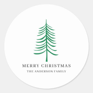 Merry Christmas Minimalist Green Modern Tree  Classic Round Sticker