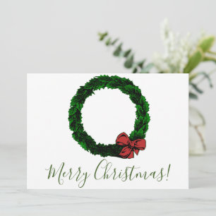 Merry Christmas Minimalist Pine Wreath & Red Bow Holiday Card