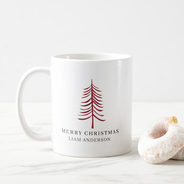 Merry Christmas Minimalist Red Modern Tree  Coffee Mug (With Donut)