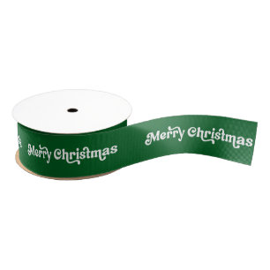 Merry Christmas Minimalist Retro Green & White Grosgrain Ribbon