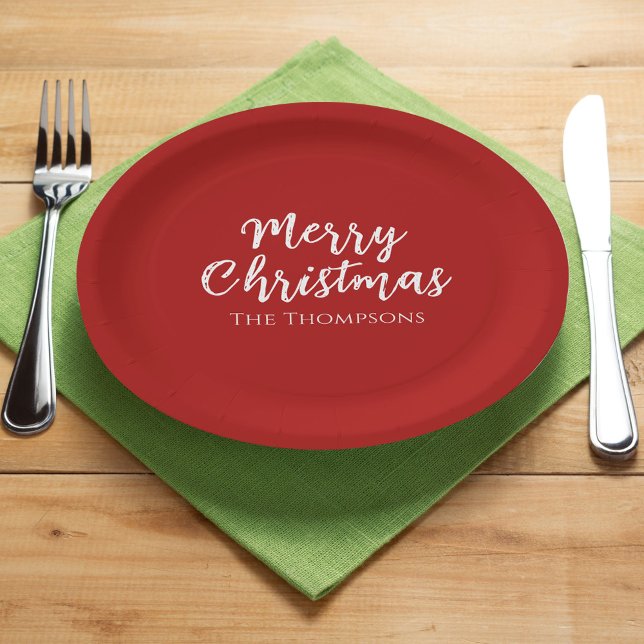 Merry Christmas Minimalist Simple Red Calligraphy  Paper Plate (Merry Christmas simple calligraphy script with a minimalist red background. )