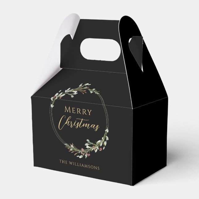 Merry Christmas Minimalist Wreath Black Favour Box (Front Side)