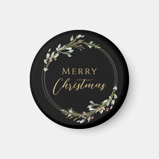 Merry Christmas Minimalist Wreath Black Magnet (Front)