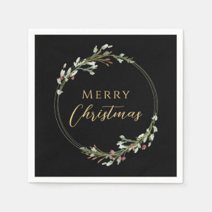 Merry Christmas Minimalist Wreath Black Napkin