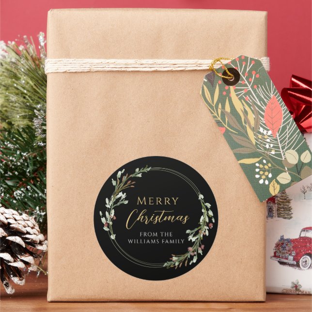 Merry Christmas Minimalist Wreath Classic Round Sticker (Holiday)