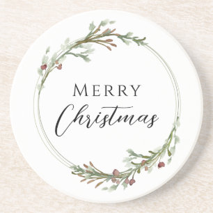 Merry Christmas Minimalist Wreath White Coaster