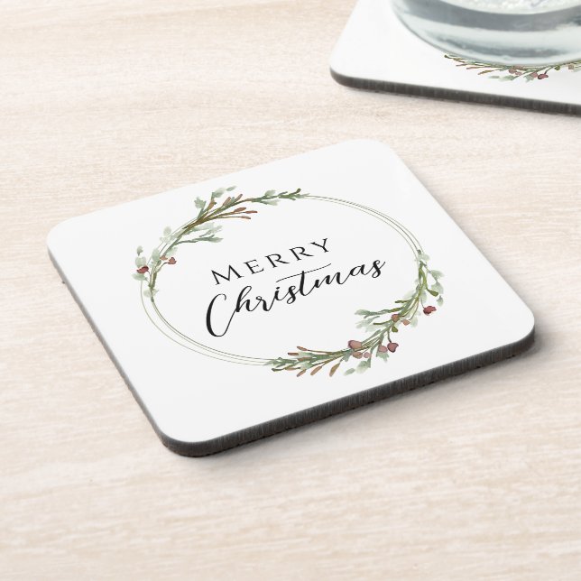 Merry Christmas Minimalist Wreath White Coaster (Left Side)