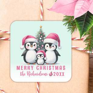 Merry Christmas Mint Green and Pink Cute Penguins Square Sticker
