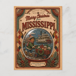 Merry Christmas Mississippi Vintage Snow Globe Holiday Postcard