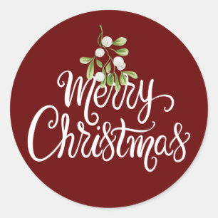 Merry Christmas Mistletoe Burgundy Elegant Script Classic Round Sticker