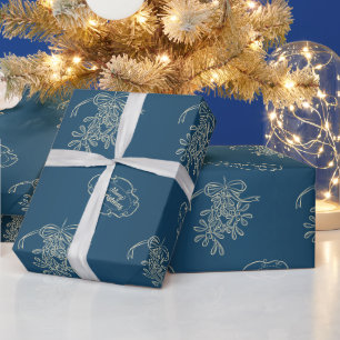 Merry Christmas Mistletoe Calligraphy Blue Wrapping Paper