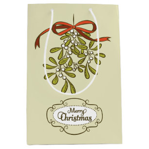 Merry Christmas Mistletoe Calligraphy Green Medium Gift Bag