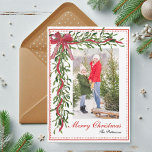 Merry Christmas Mistletoe Red Bow Family Photo Holiday Card<br><div class="desc">Merry Christmas Mistletoe Red Bow Family Photo Holiday Card Christmas Cards features a elegant mistletoe design accented with a red bow and ribbon with your favourite photo with the text overlay "Merry Christmas" in modern calligraphy script typography. Personalised your names or custom text below. Perfect for family and friends to...</div>