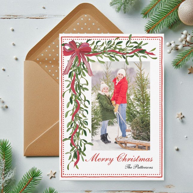 Merry Christmas Mistletoe Red Bow Family Photo Holiday Card (Creator Uploaded)