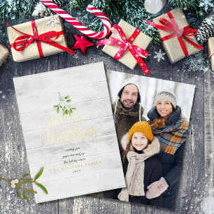 Merry Christmas Mistletoe Rustic Wood Photo Gold