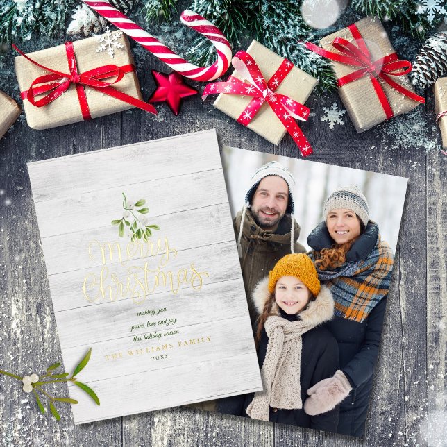 Merry Christmas Mistletoe Rustic Wood Photo Gold (Creator Uploaded)