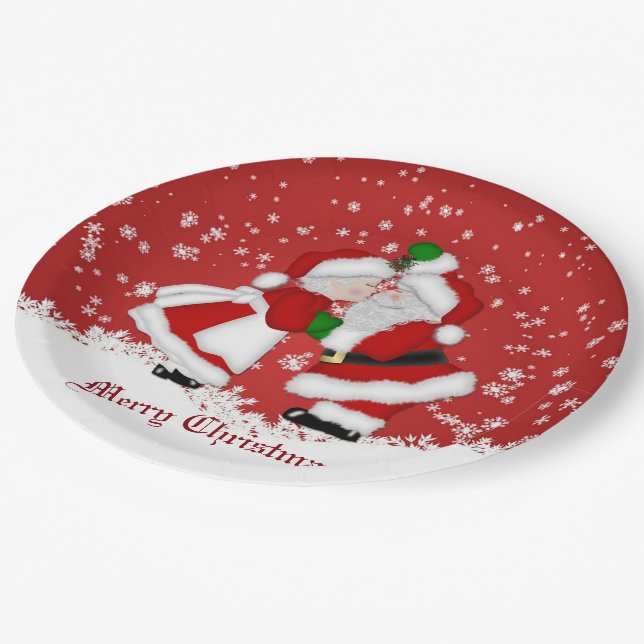 Merry Christmas Mistletoe Santa Paper Plate (Angled)