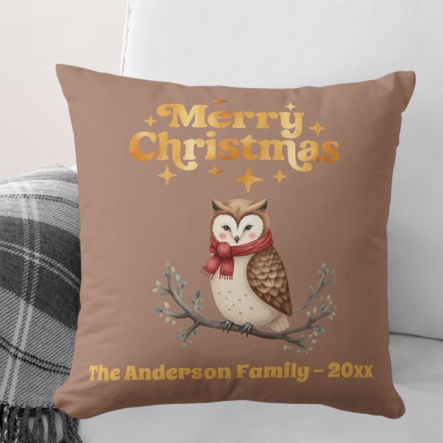 Merry Christmas mocha gold cute owl Cushion (Creator Uploaded)