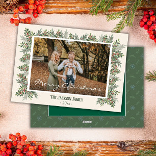 Merry Christmas modern 1 family photo berry accent Holiday Card