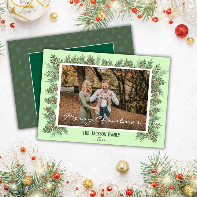 Merry Christmas modern 1 family photo berry accent Holiday Card (Front/Back )