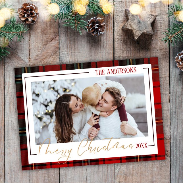Merry Christmas modern 1 family photo red plaid Holiday Card (Creator Uploaded)
