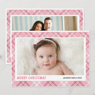 Merry Christmas modern 2 family photo pink plaid  Holiday Card