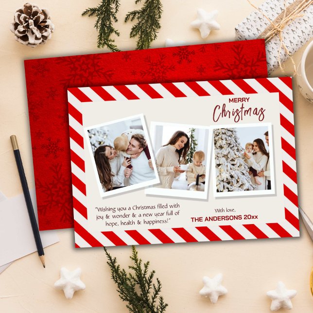 Merry Christmas modern 3 family photos cute red Holiday Card (Front/Back )