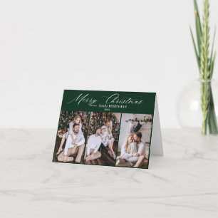 Merry Christmas Modern 3 Photo Emerald Green Holiday Card