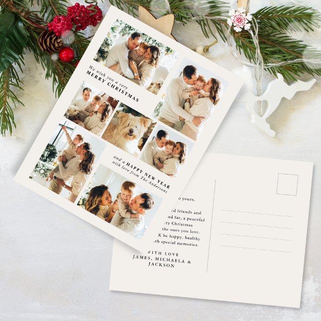 Merry Christmas Modern 7-Photo Collage Holiday Postcard (Creator Uploaded)