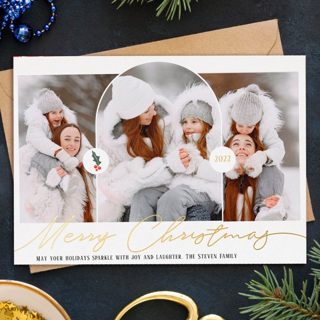 Merry Christmas modern arch 3 photos red script (Creator Uploaded)