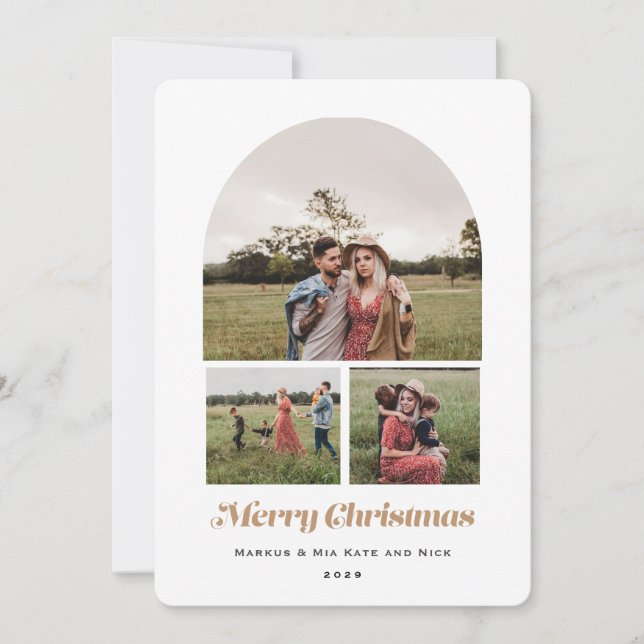 Merry Christmas Modern Arch Multi photo sand Holiday Card (Front)