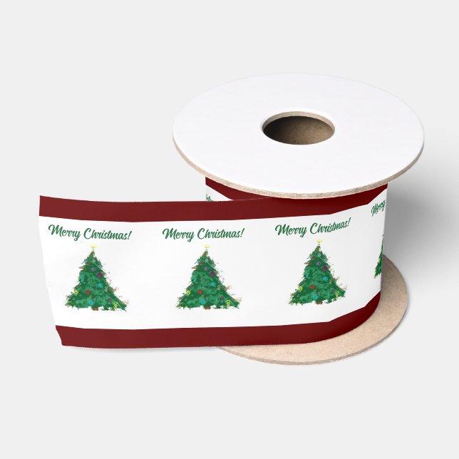 Merry Christmas Modern Art Cute Tiny Tree Satin Ribbon (Spool)