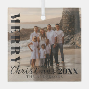 Merry Christmas Modern Black Script Photo Glass Tree Decoration