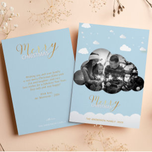 Merry Christmas Modern Blue, Cloud Photo Holliday  Invitation