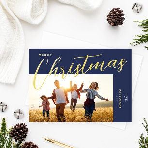 Merry Christmas Modern Blue Gold Script Photo
